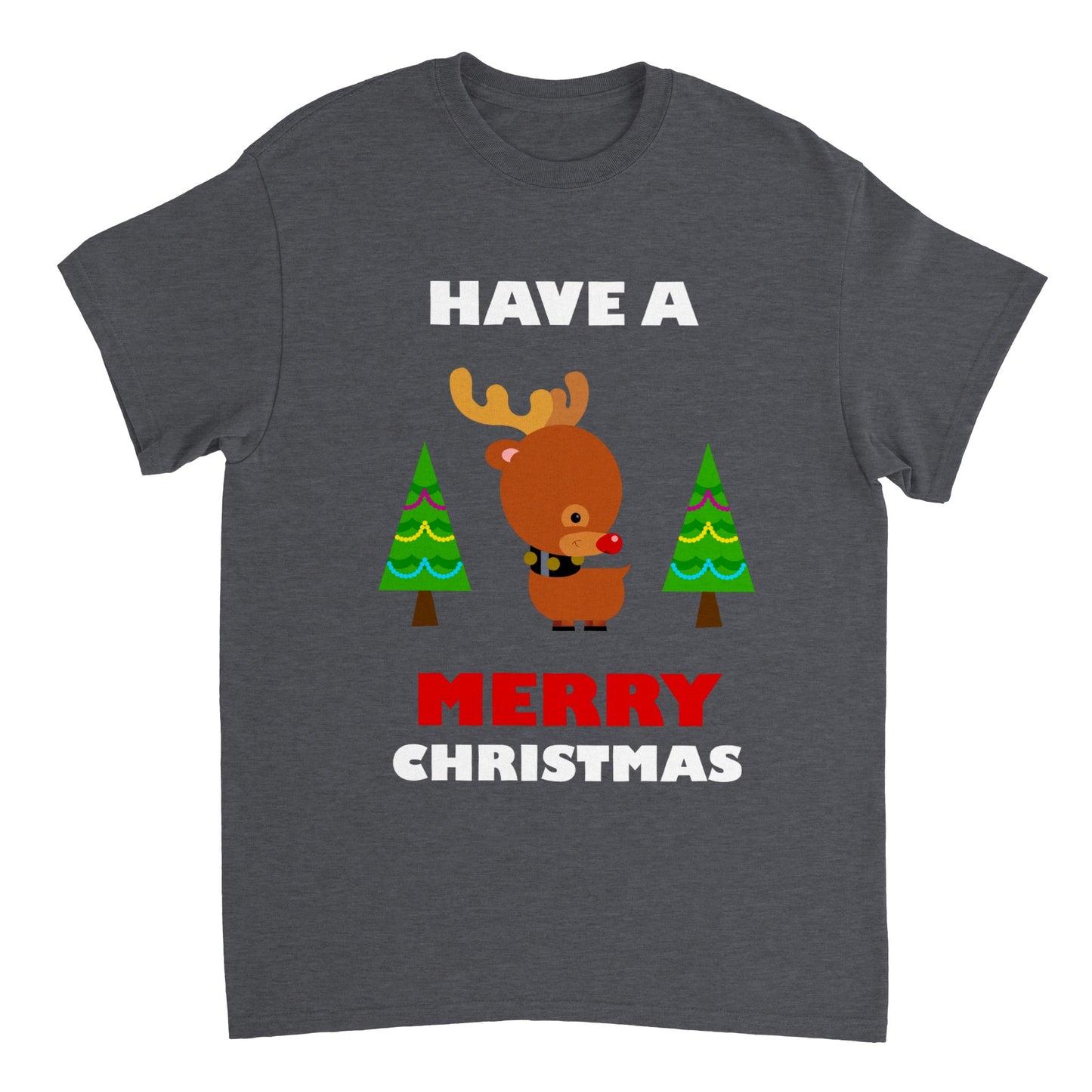 Womens Heavyweight Unisex Crewneck T-shirt Baby looking Rudolf with Christmas trees