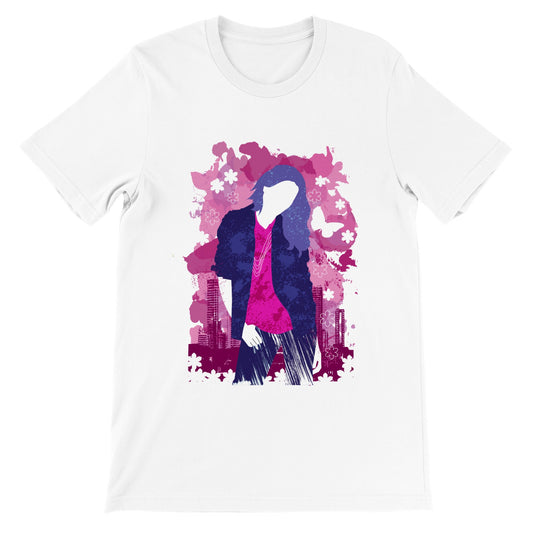 Premium Unisex Crewneck T-shirt - Girl in Blue Jeans and Pink Shirt with City Skylines - Graphic Wash