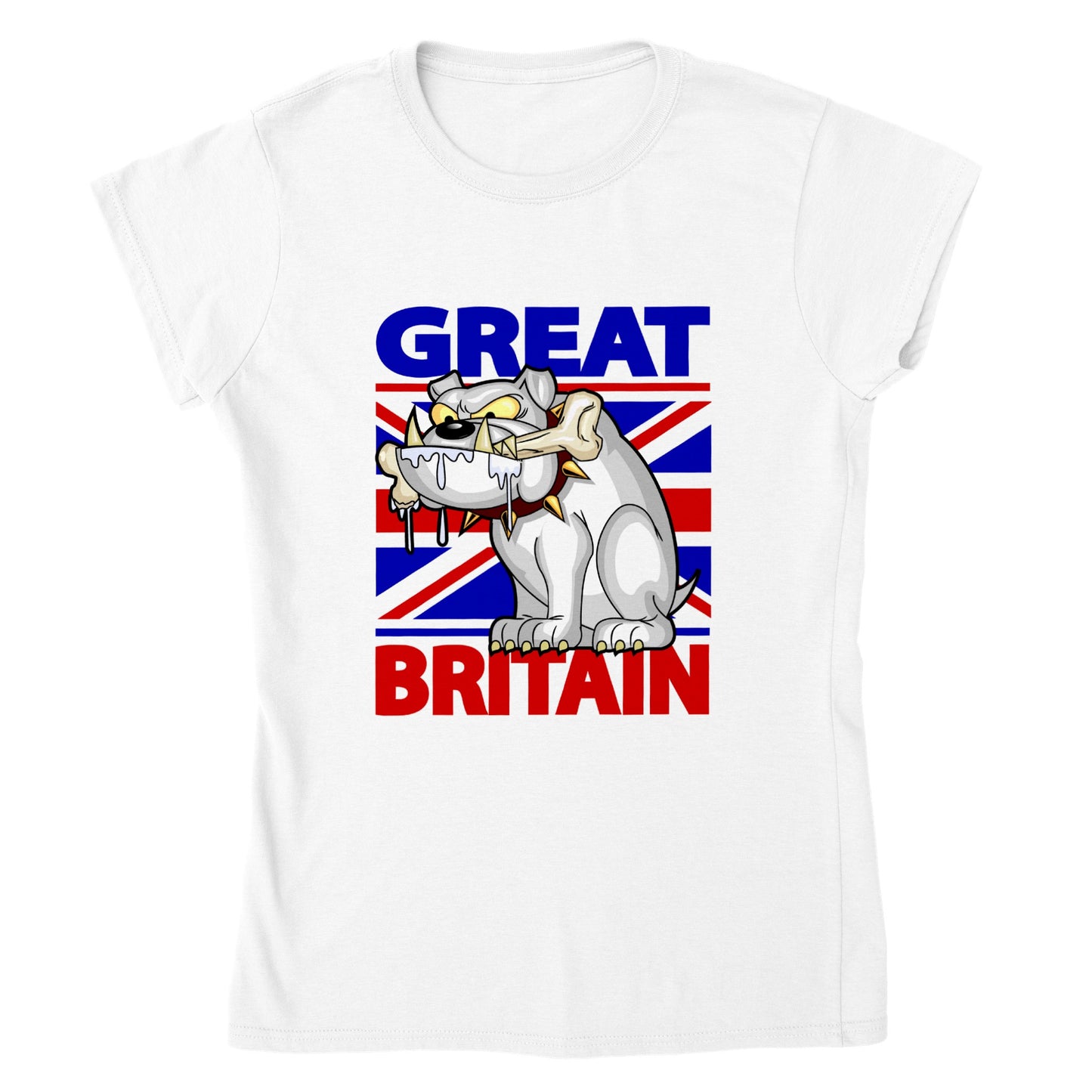 Classic Women's Crewneck T-shirt - Cartoon Bulldog with bone and Union Jack Flag