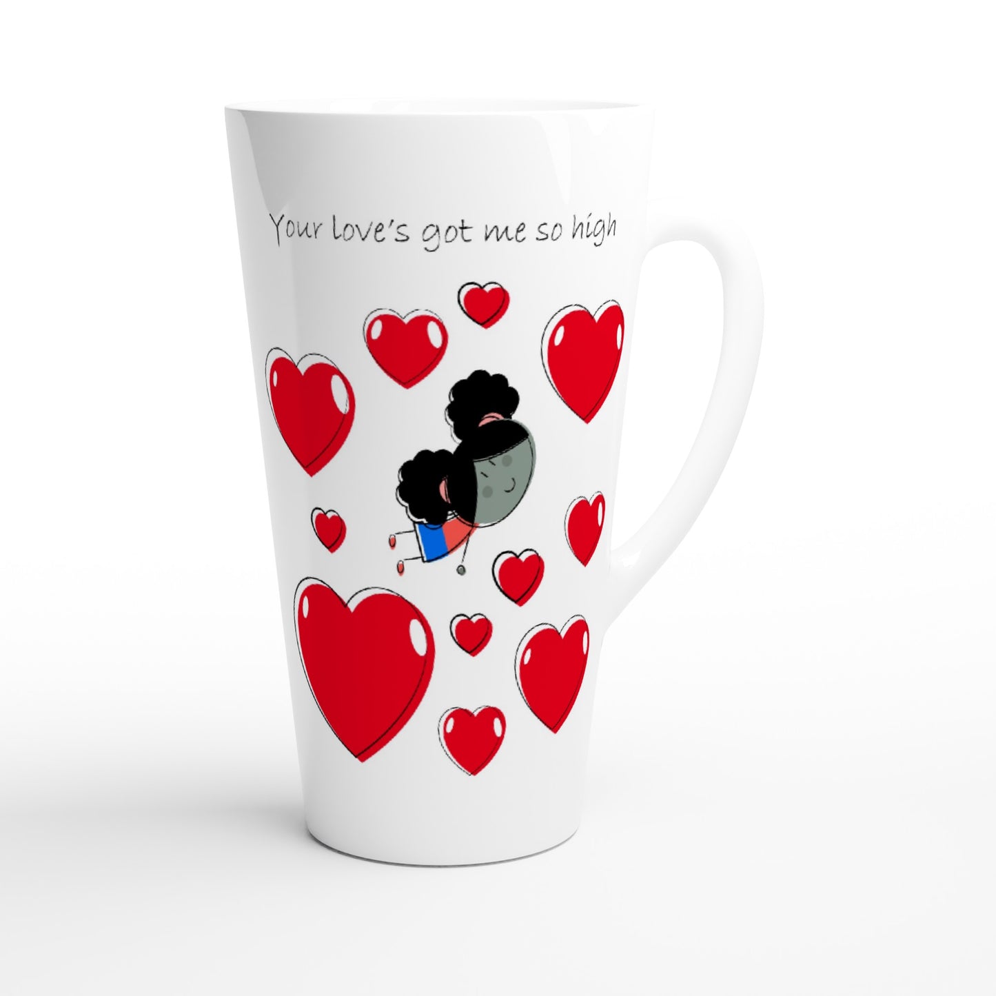 White Latte 17oz Ceramic Mug - White 15oz Ceramic Mug - Girl Flying Between Hearts - Valentine