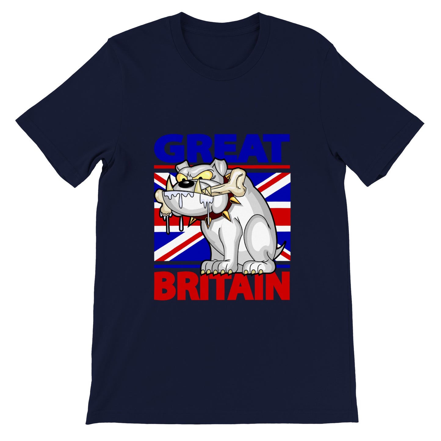 Premium Unisex Crewneck T-shirt - Cartoon Bulldog with bone and Union Jack Flag