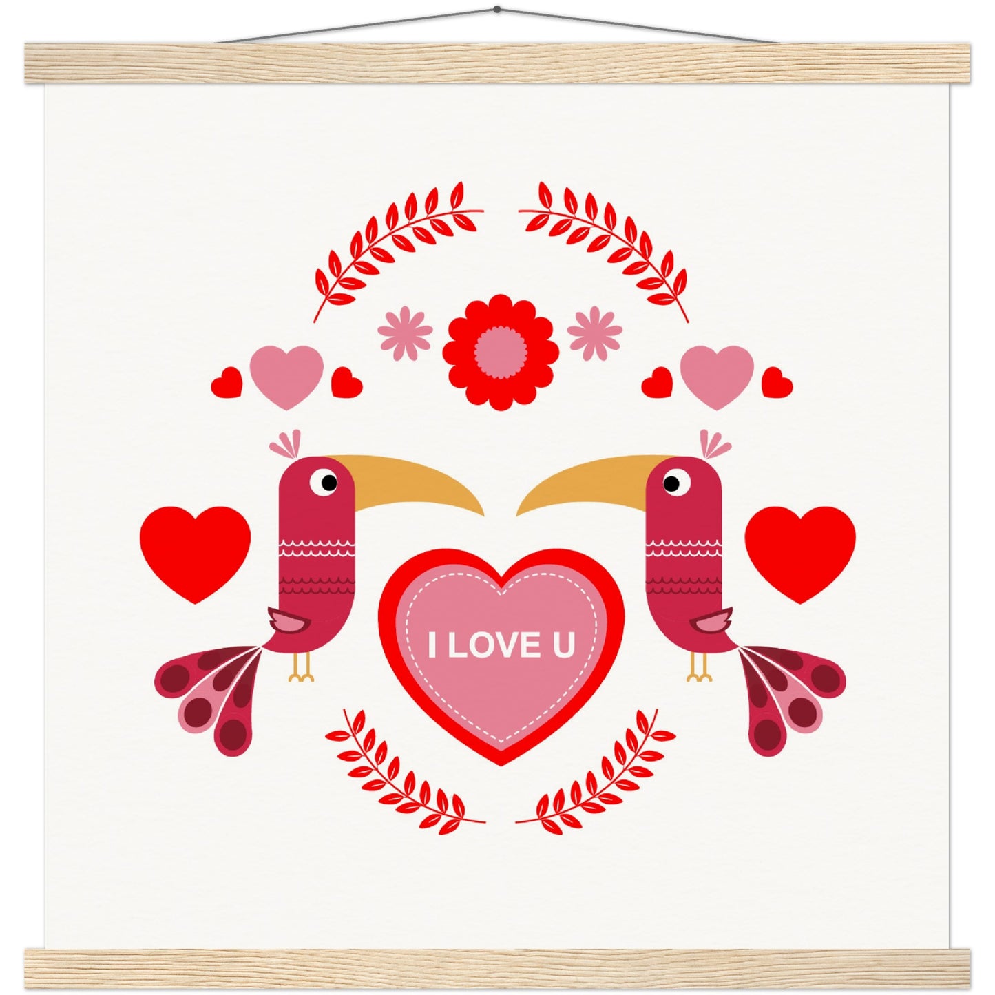 Museum-Quality Matte Paper Poster & Hanger - Birds Morrored with Floral-Botanical and Hearts - Valentine