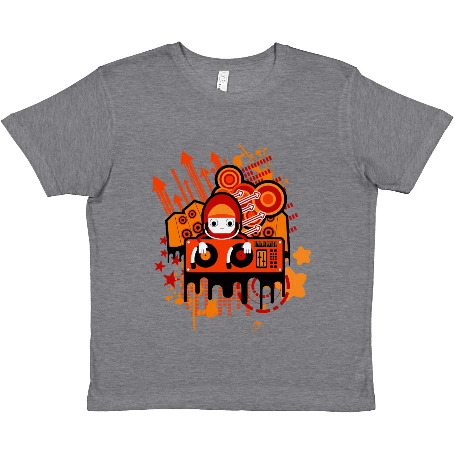 Premium Kids Crewneck T-shirt - Graphic Cartoon of a DJ on a Deck....Orange mixture.