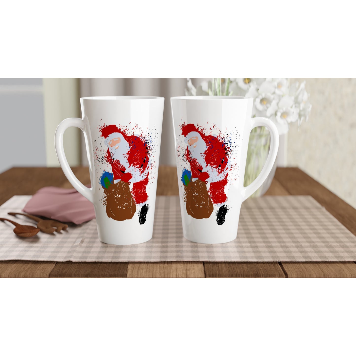 White Latte 17oz Ceramic Mug Santa with Presents-Splattered paint