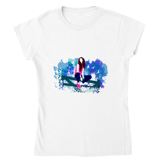 Classic Womens Crewneck T-shirt - Girl on a fence with  City Skylines - Graphic Wash