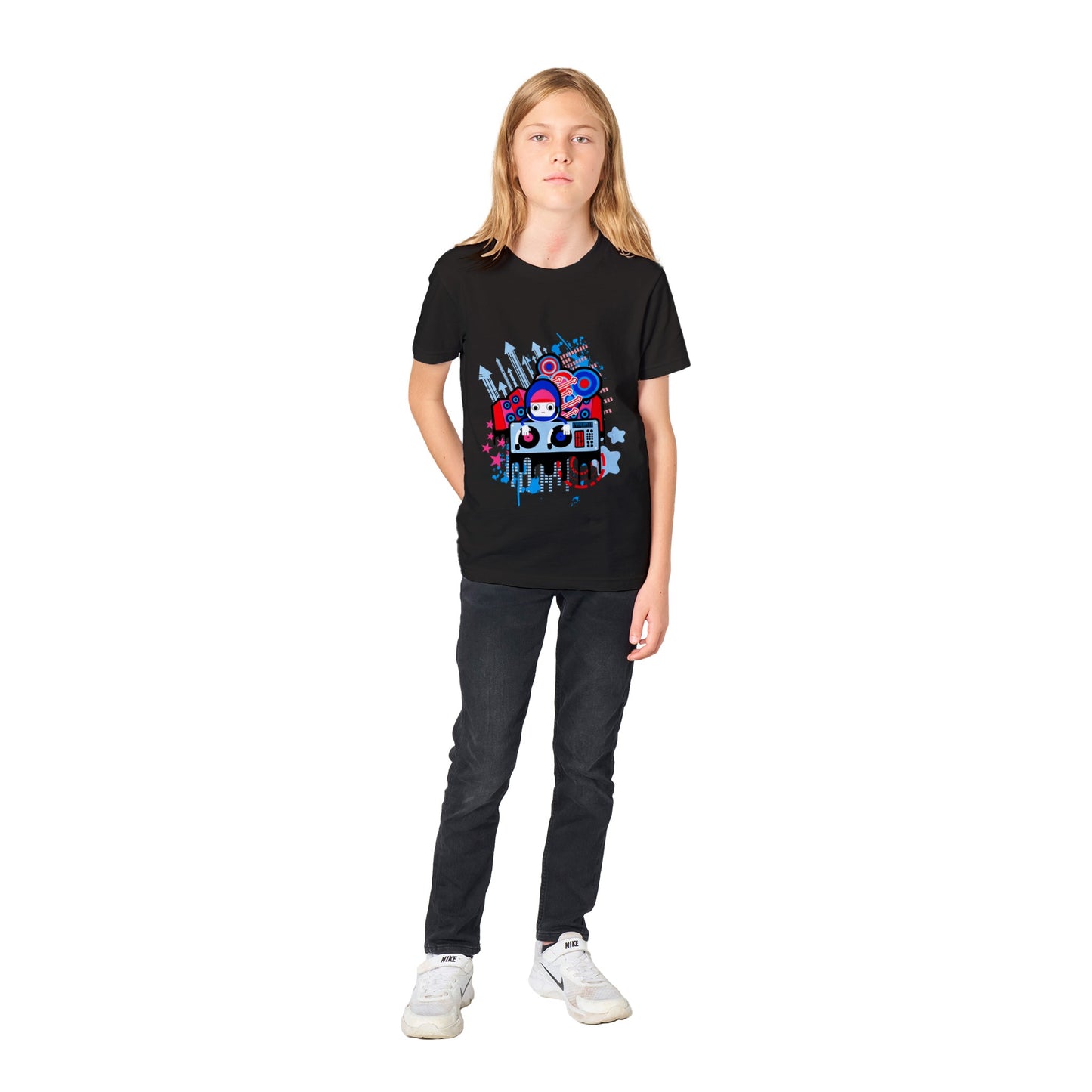 Premium Kids Crewneck T-shirt - Graphic Cartoon of a DJ on two Decks....Blue, Red and Pink