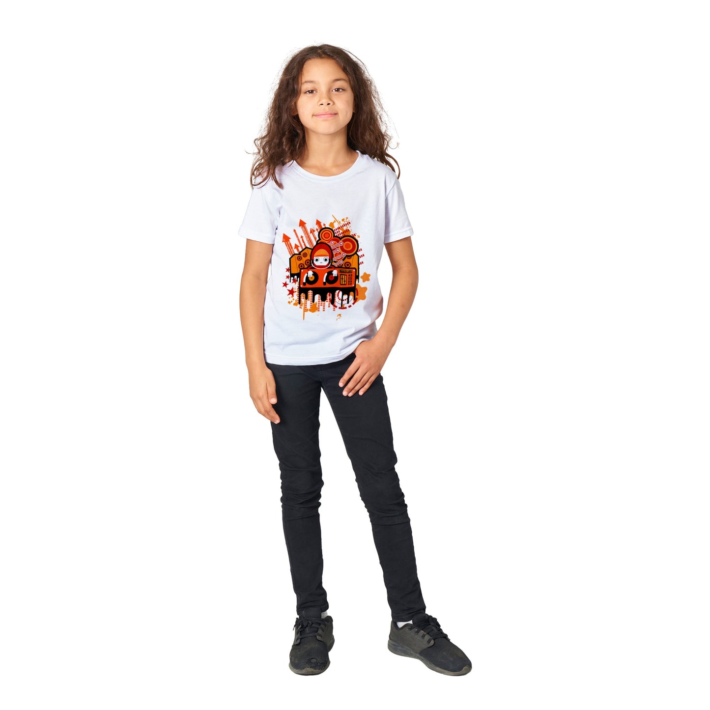 Premium Kids Crewneck T-shirt - Graphic Cartoon of a DJ on a Deck....Orange mixture.