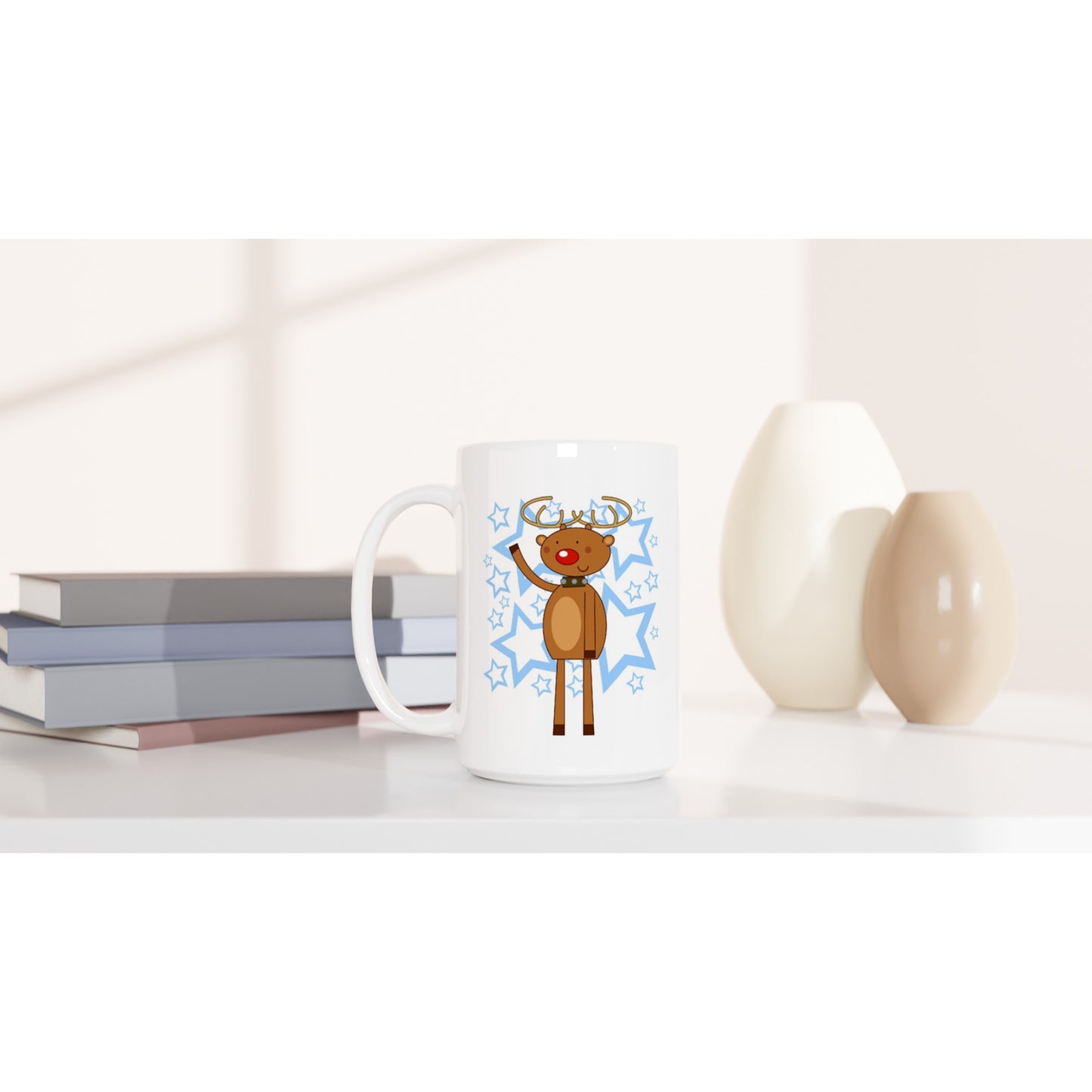 White 15oz Ceramic Mug Rudolf waving-Stars - Cartoon