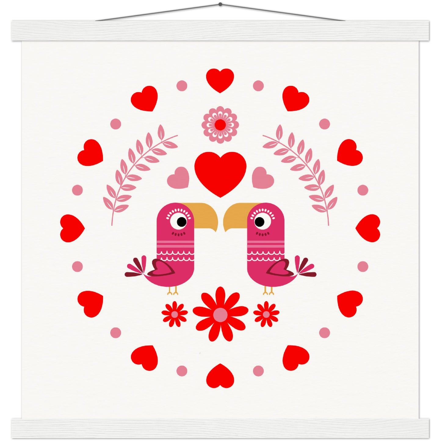 Museum-Quality Matte Paper Poster & Hanger - Birds Mirrored with Floral-Botanical and Circling Hearts - Valentine