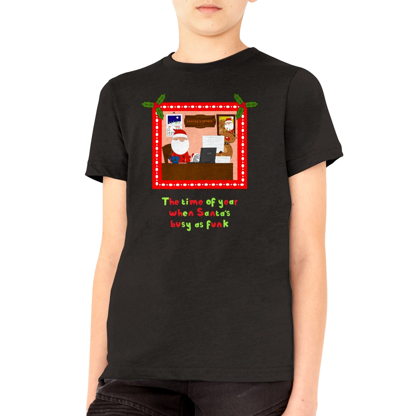 Premium Kids Crewneck T-shirt Santa and Rudolf Busy as Funk