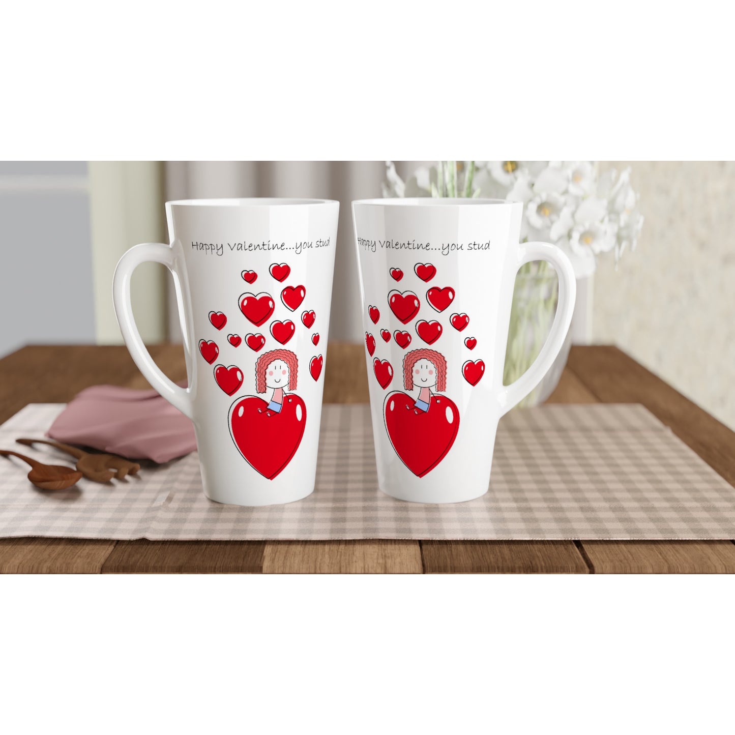 White Latte 17oz Ceramic Mug - Girl sitting on Heart - Valentine