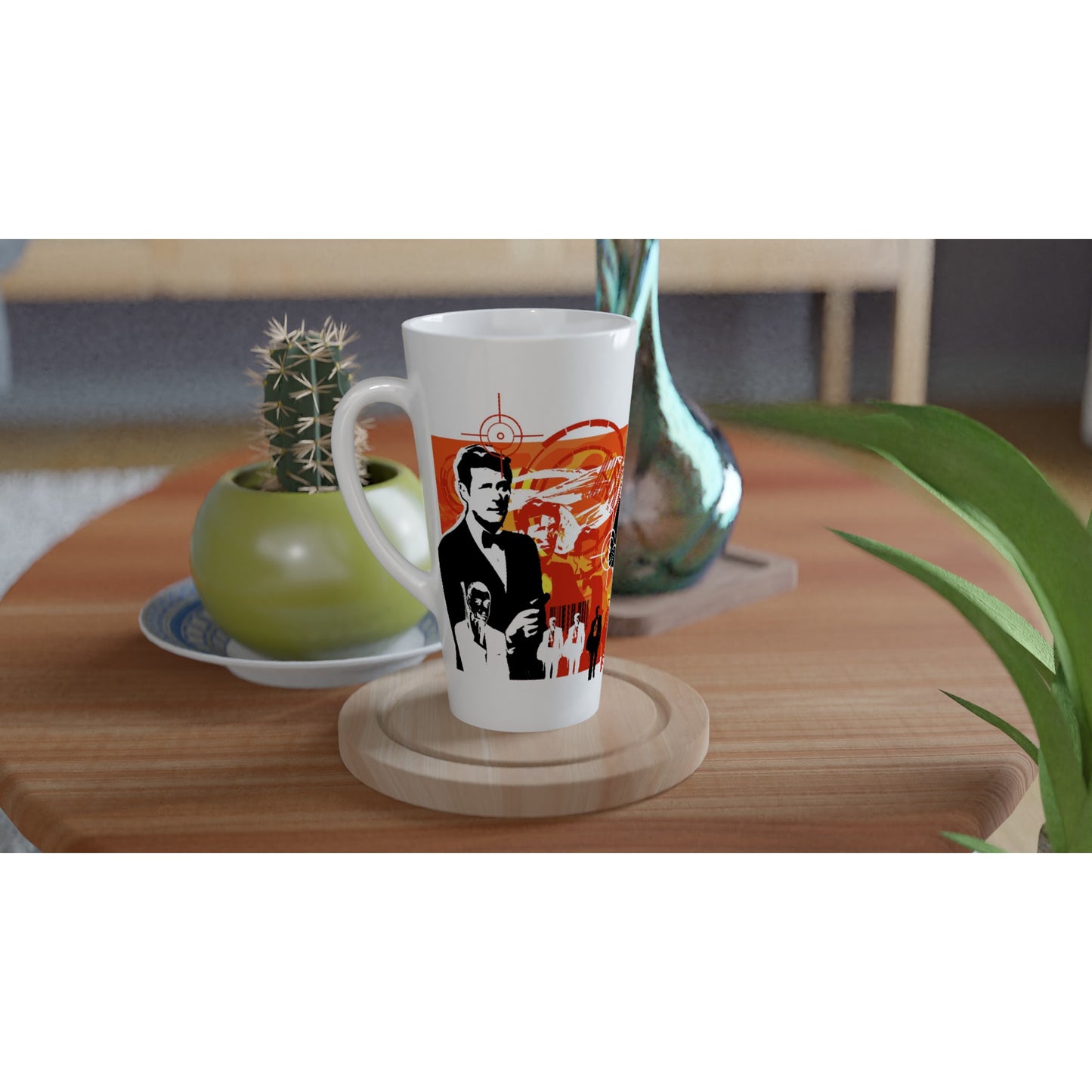 White Latte 17oz Ceramic Mug - The Three Most Famous Bonds. Graphic Stencil