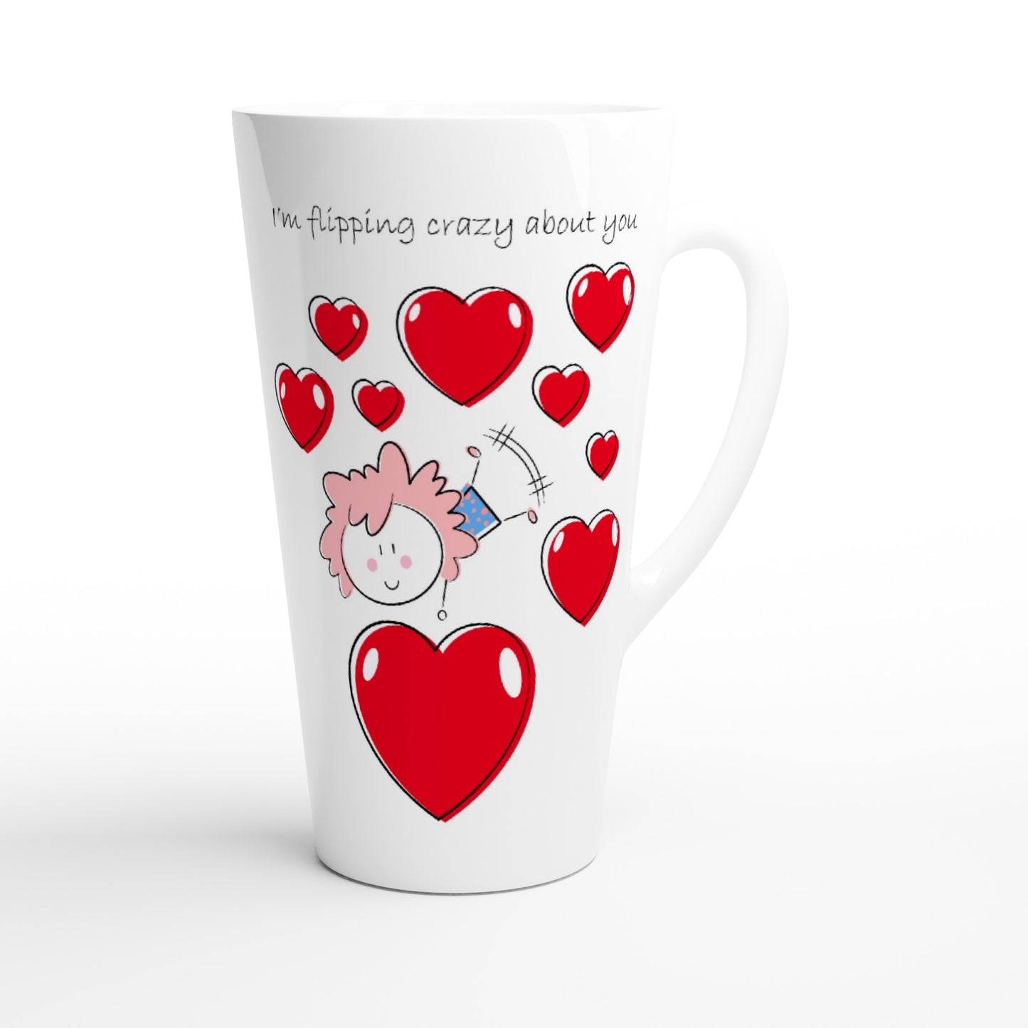 White Latte 17oz Ceramic Mug - White 15oz Ceramic Mug - Girl doing a Flip Between Hearts - Valentine