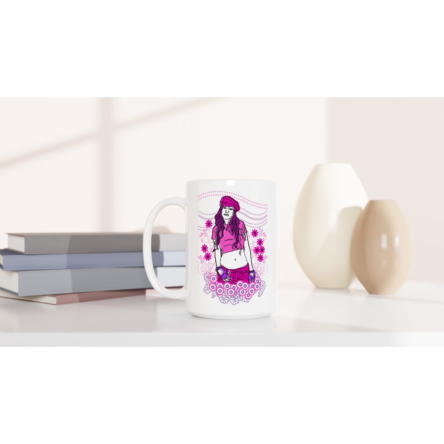 White 15oz Ceramic Mug - Girl In Pink-Nature And Floral