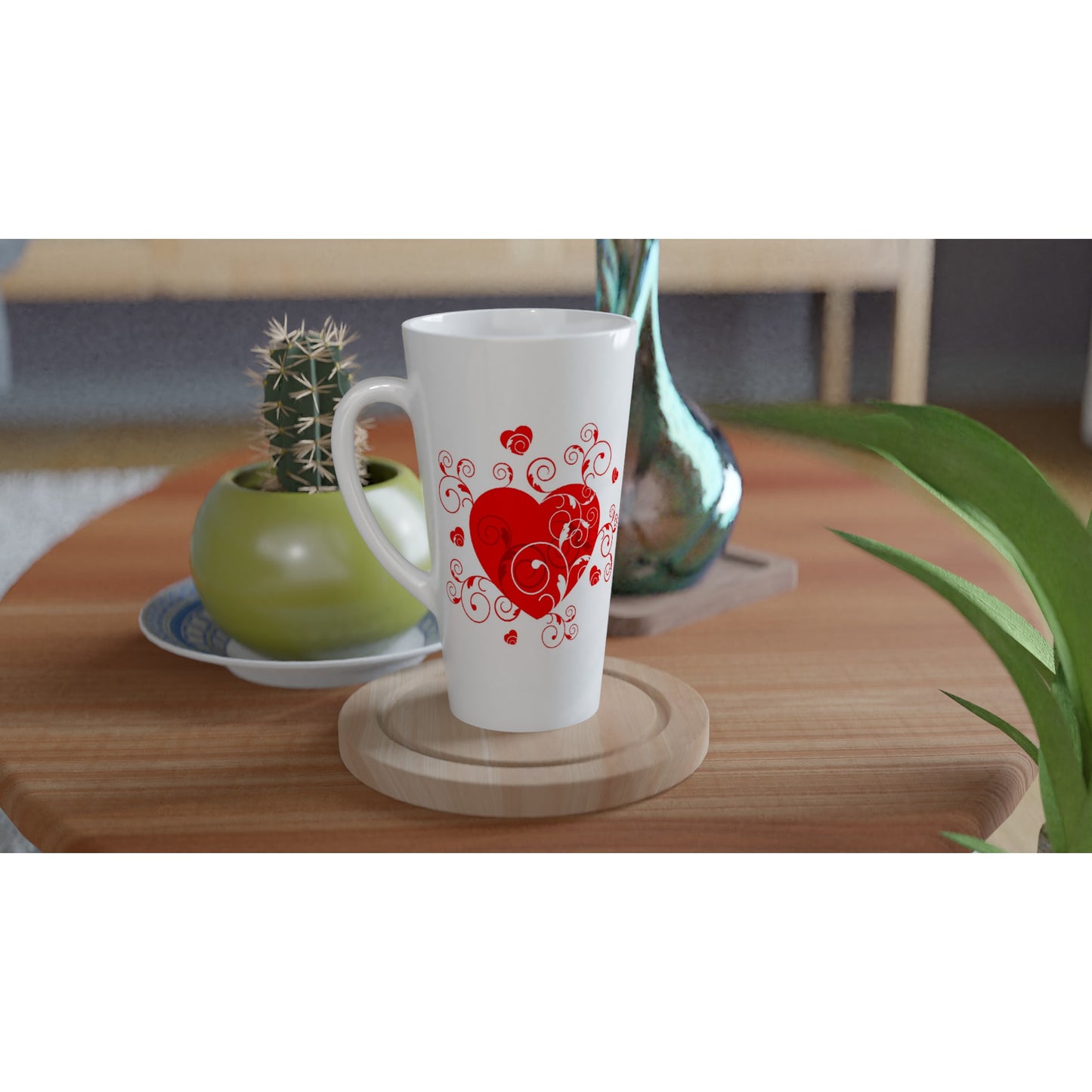 White Latte 17oz Ceramic Mug - Beautiful Heart with Organic design - Valentine