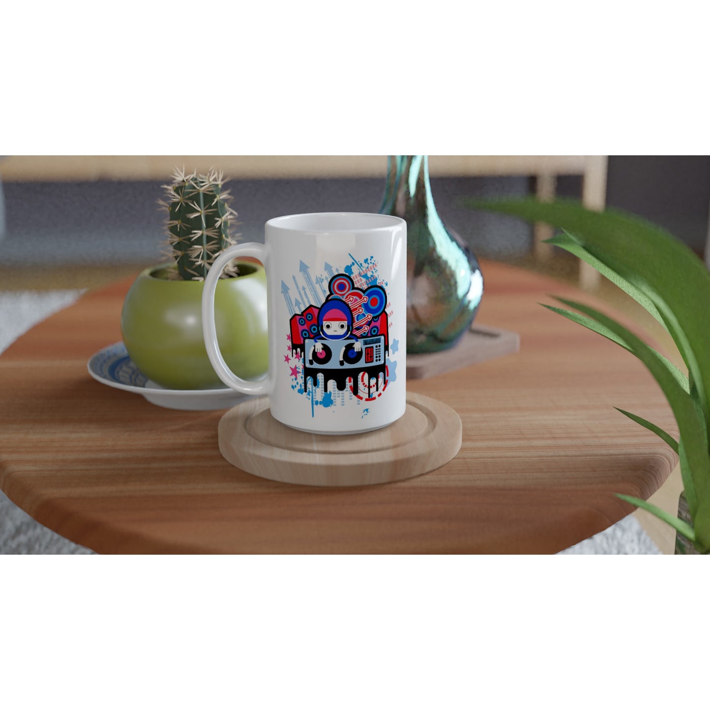 White 15oz Ceramic Mug - Graphic Cartoon of a DJ on two Decks....Blue, Red and Pink