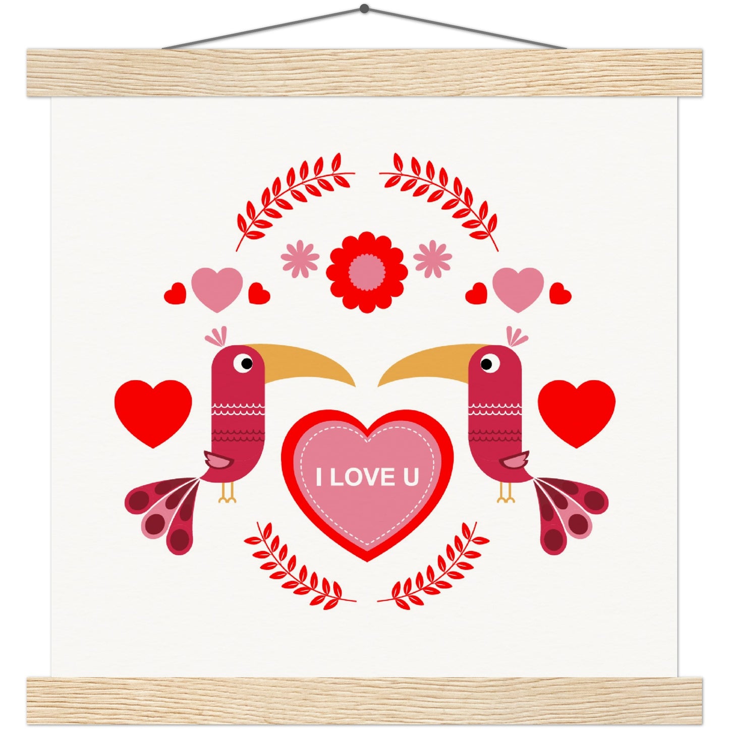 Museum-Quality Matte Paper Poster & Hanger - Birds Morrored with Floral-Botanical and Hearts - Valentine