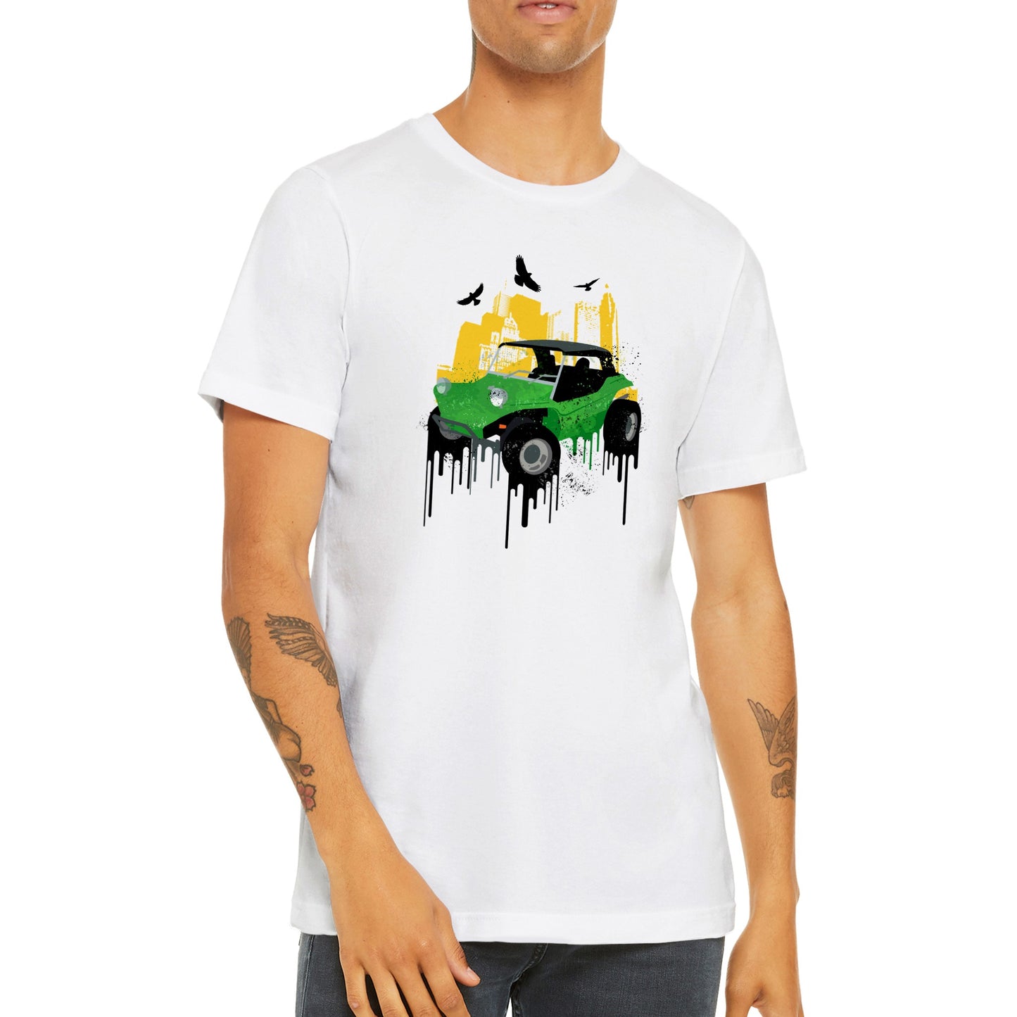 Premium Unisex Crewneck T-shirt - Dune Buggy with City Background and Birds. Graphic Paint.