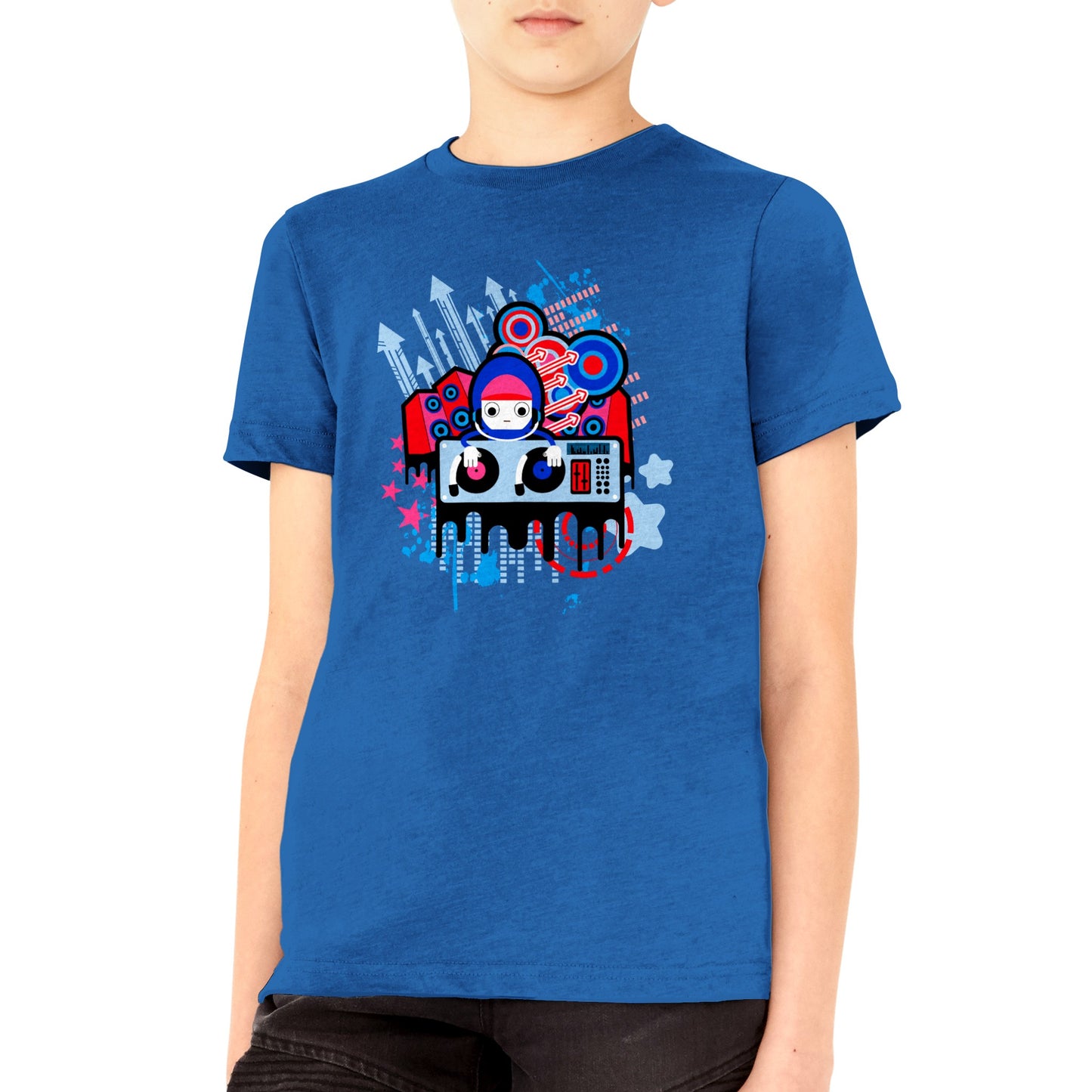 Premium Kids Crewneck T-shirt - Graphic Cartoon of a DJ on two Decks....Blue, Red and Pink