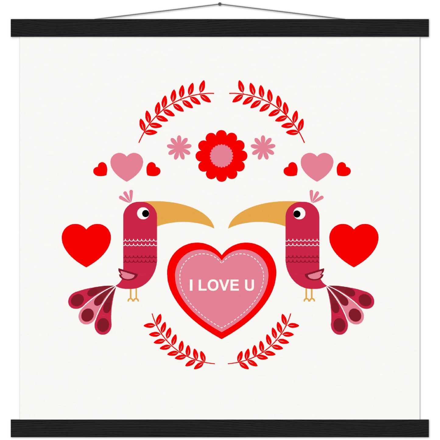 Museum-Quality Matte Paper Poster & Hanger - Birds Morrored with Floral-Botanical and Hearts - Valentine