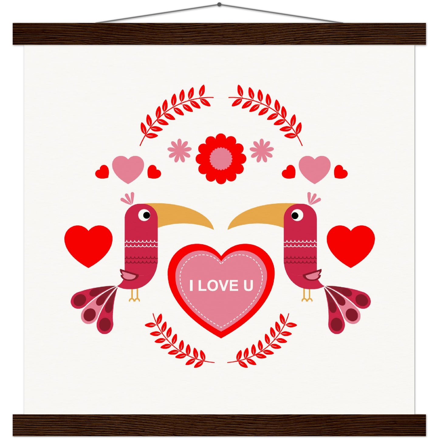 Museum-Quality Matte Paper Poster & Hanger - Birds Morrored with Floral-Botanical and Hearts - Valentine