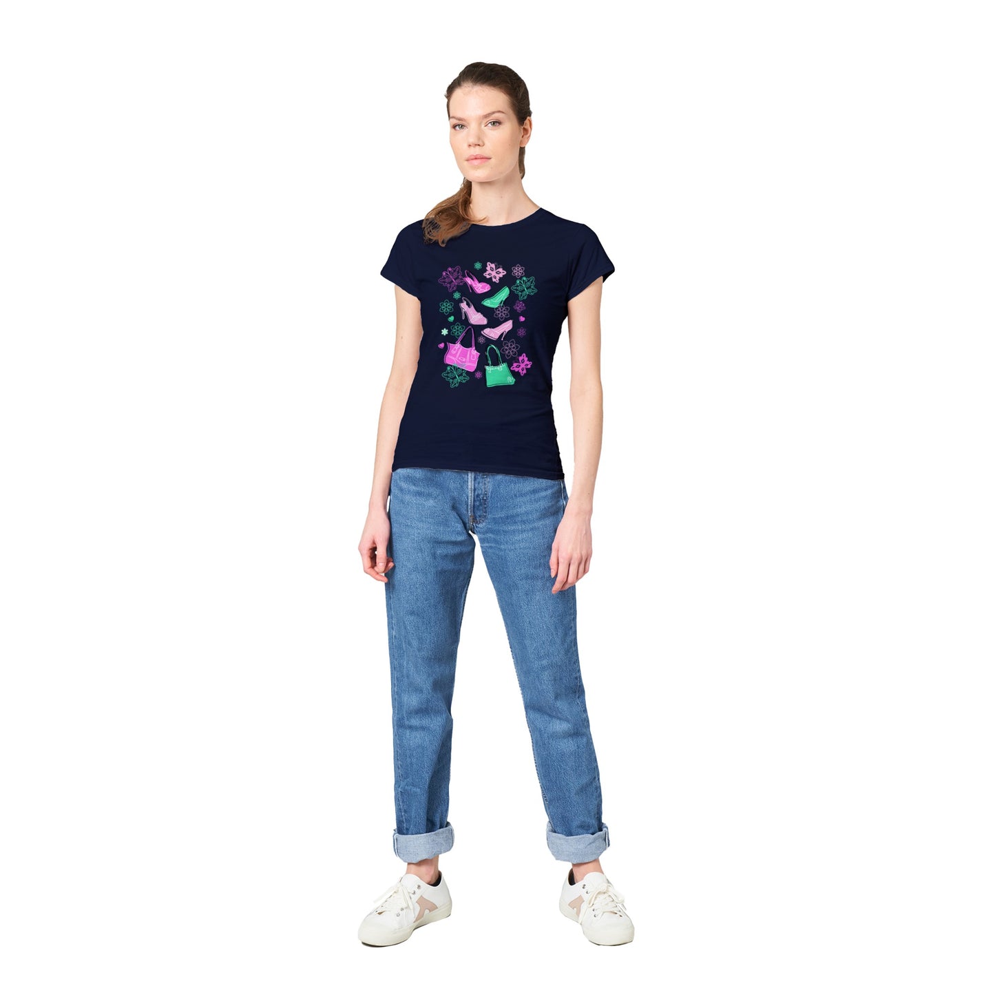 Classic Womens Crewneck T-shirt - Graphic Art of Shoes, Bags, Butterflies and Floral-Pink and Mint Colours