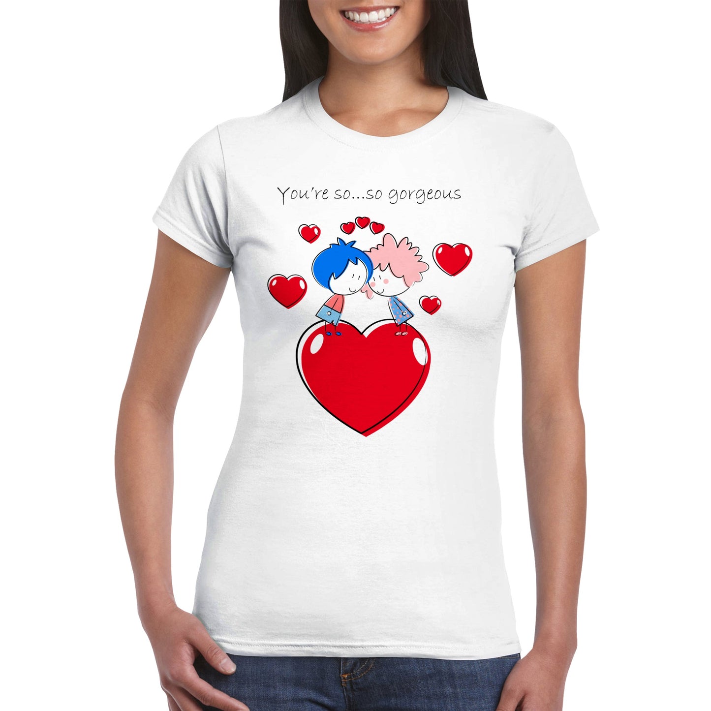 Classic Womens Crewneck T-shirt - Couple Gazing at Each Other On Heart - Valentine