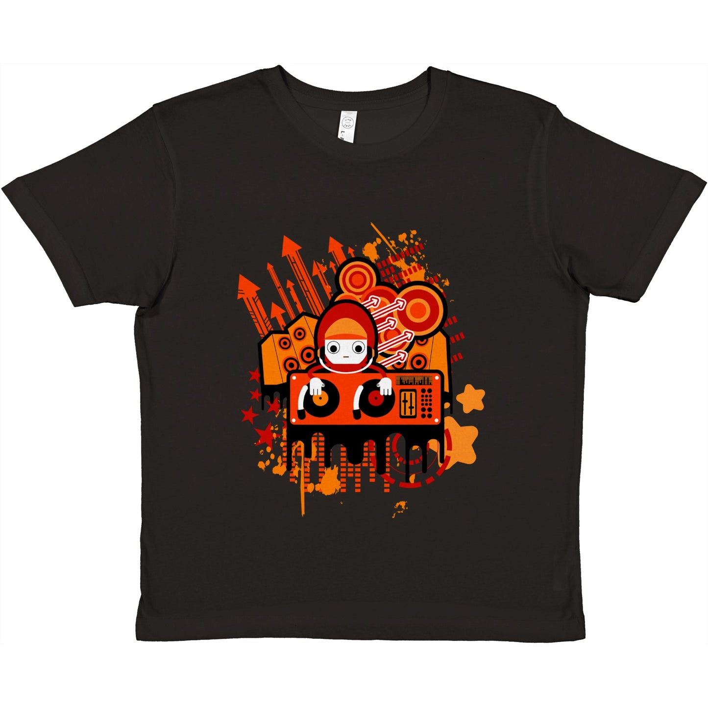 Premium Kids Crewneck T-shirt - Graphic Cartoon of a DJ on a Deck....Orange mixture.