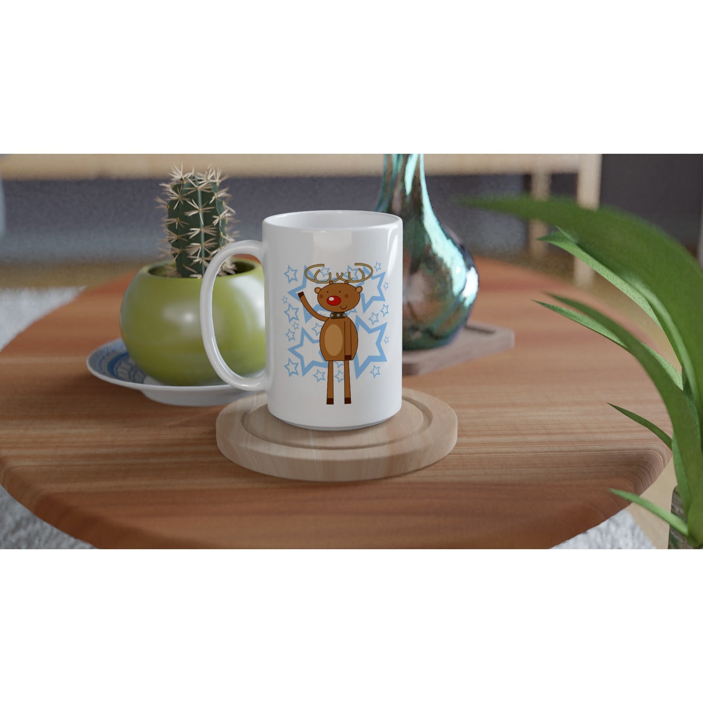 White 15oz Ceramic Mug Rudolf waving-Stars - Cartoon