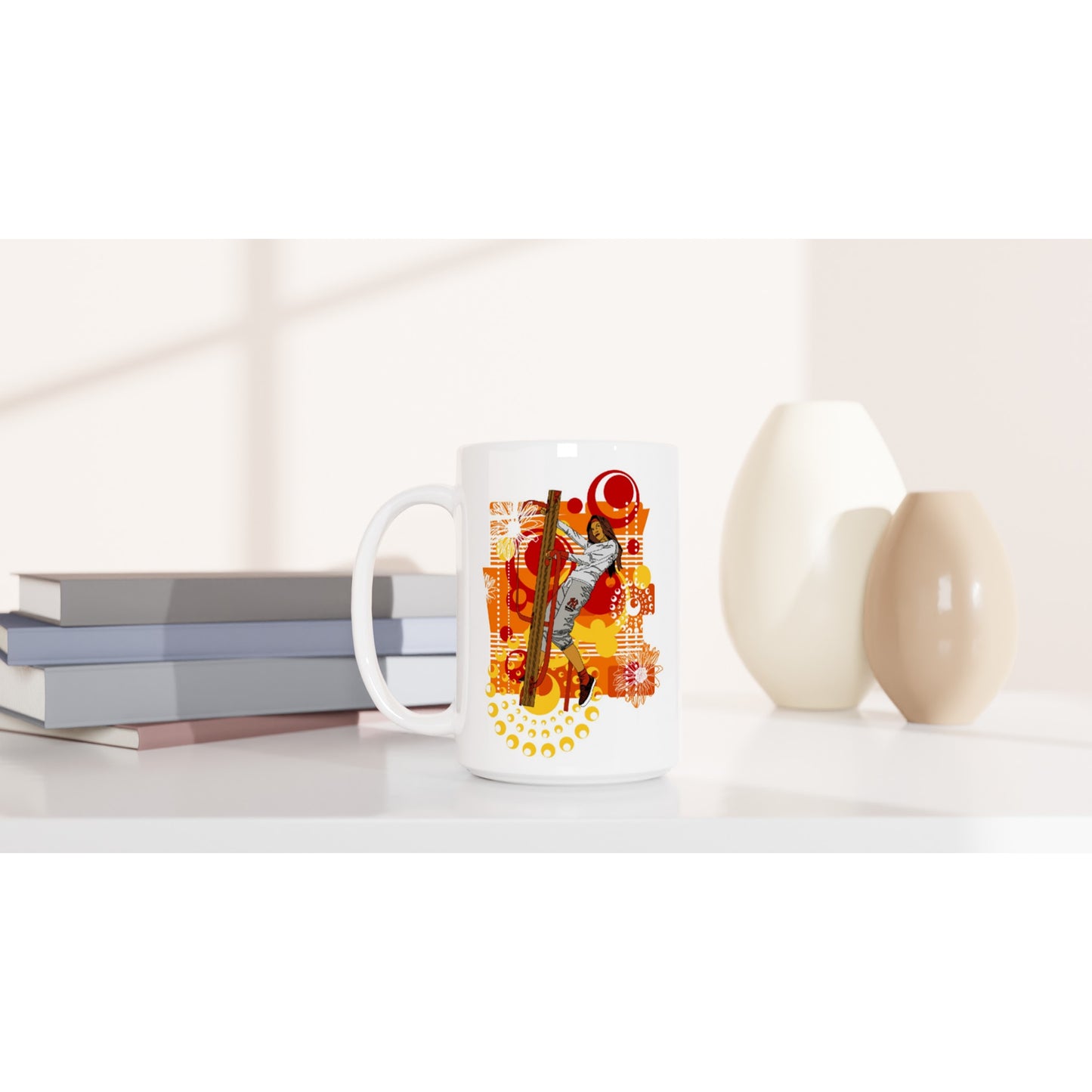 White 15oz Ceramic Mug - Girl on wooden stands steps-Abstract Graphics Background