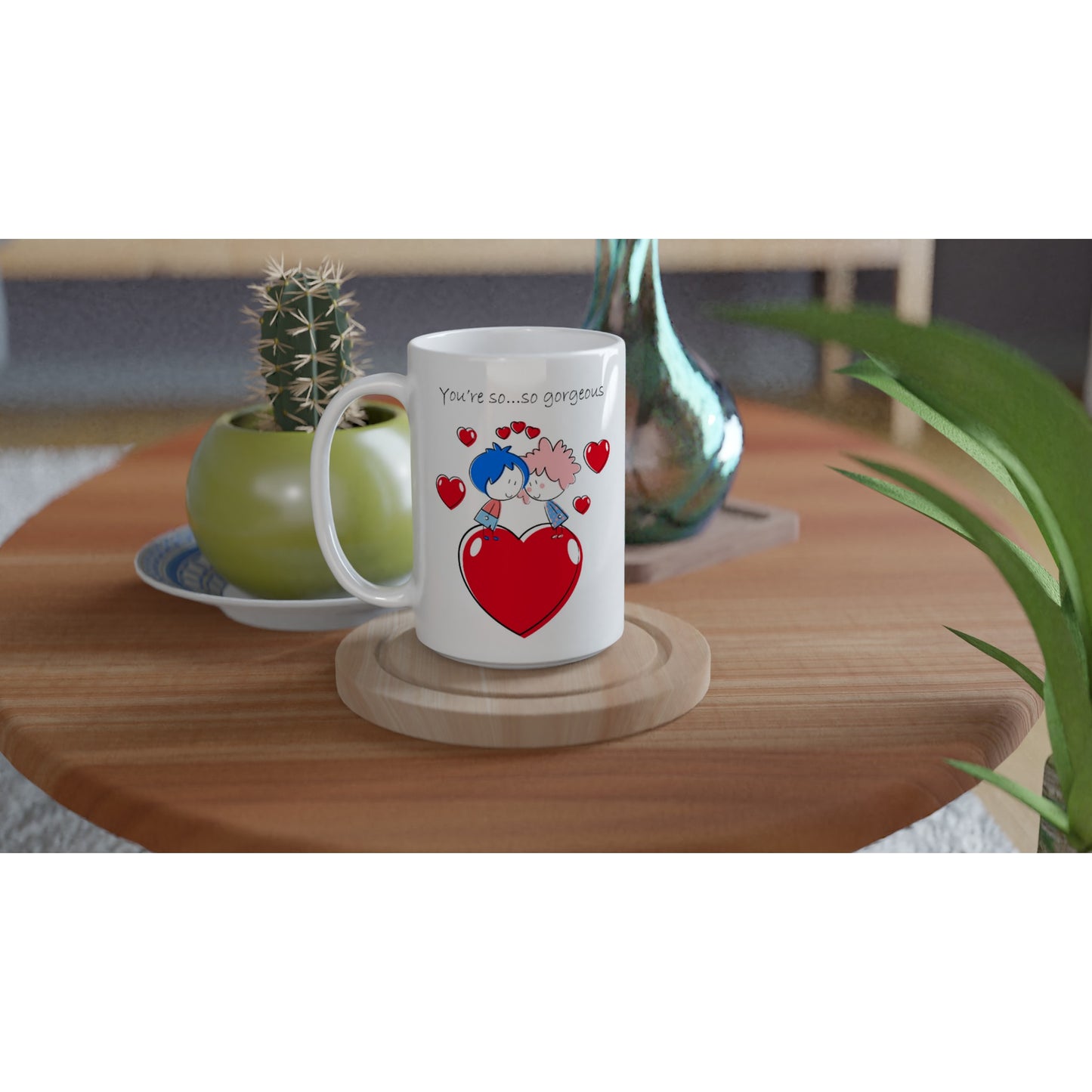 White 15oz Ceramic Mug - Couple Gazing at Each Other On Heart - Valentine