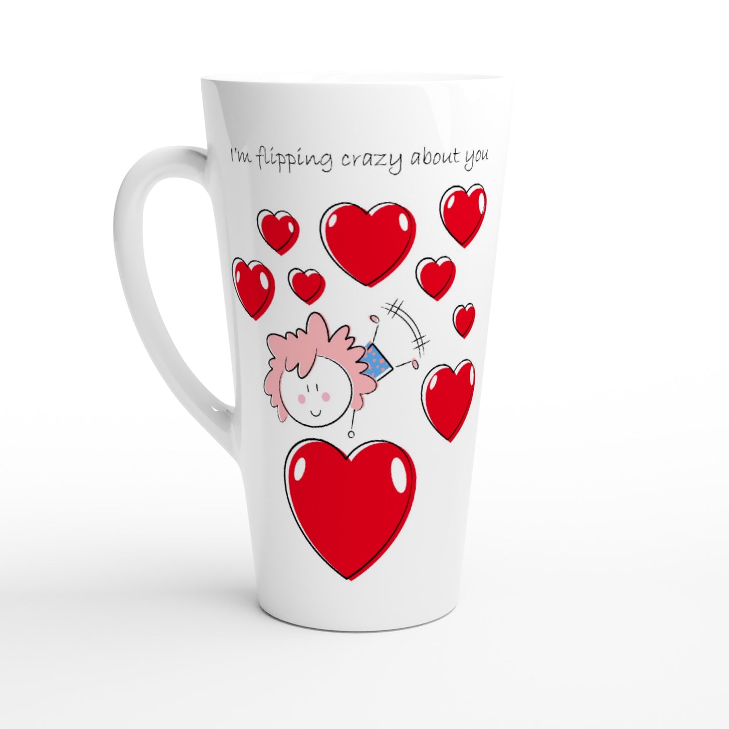 White Latte 17oz Ceramic Mug - White 15oz Ceramic Mug - Girl doing a Flip Between Hearts - Valentine