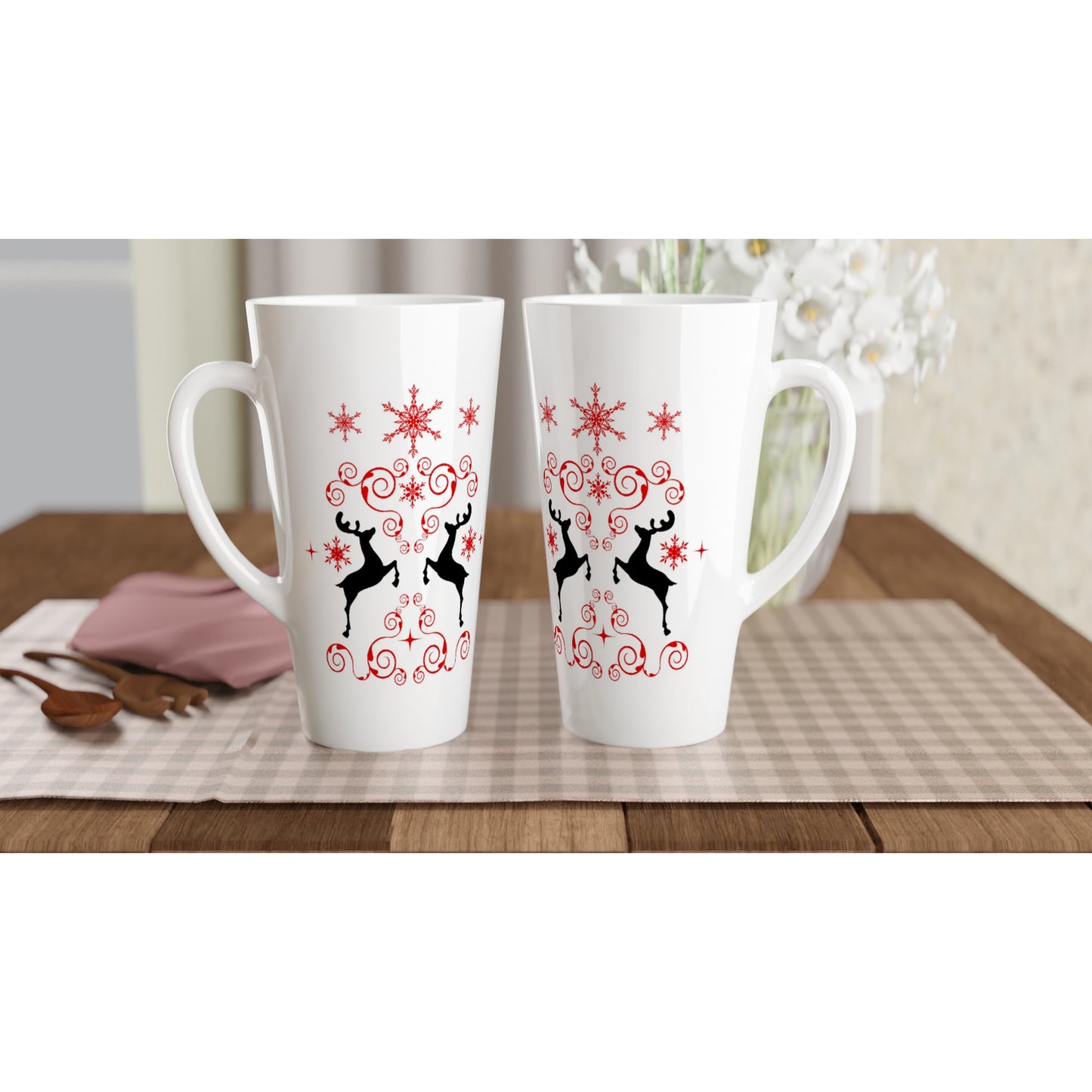 White Latte 17oz Ceramic Mug reindeers-mirroring-snow crystals