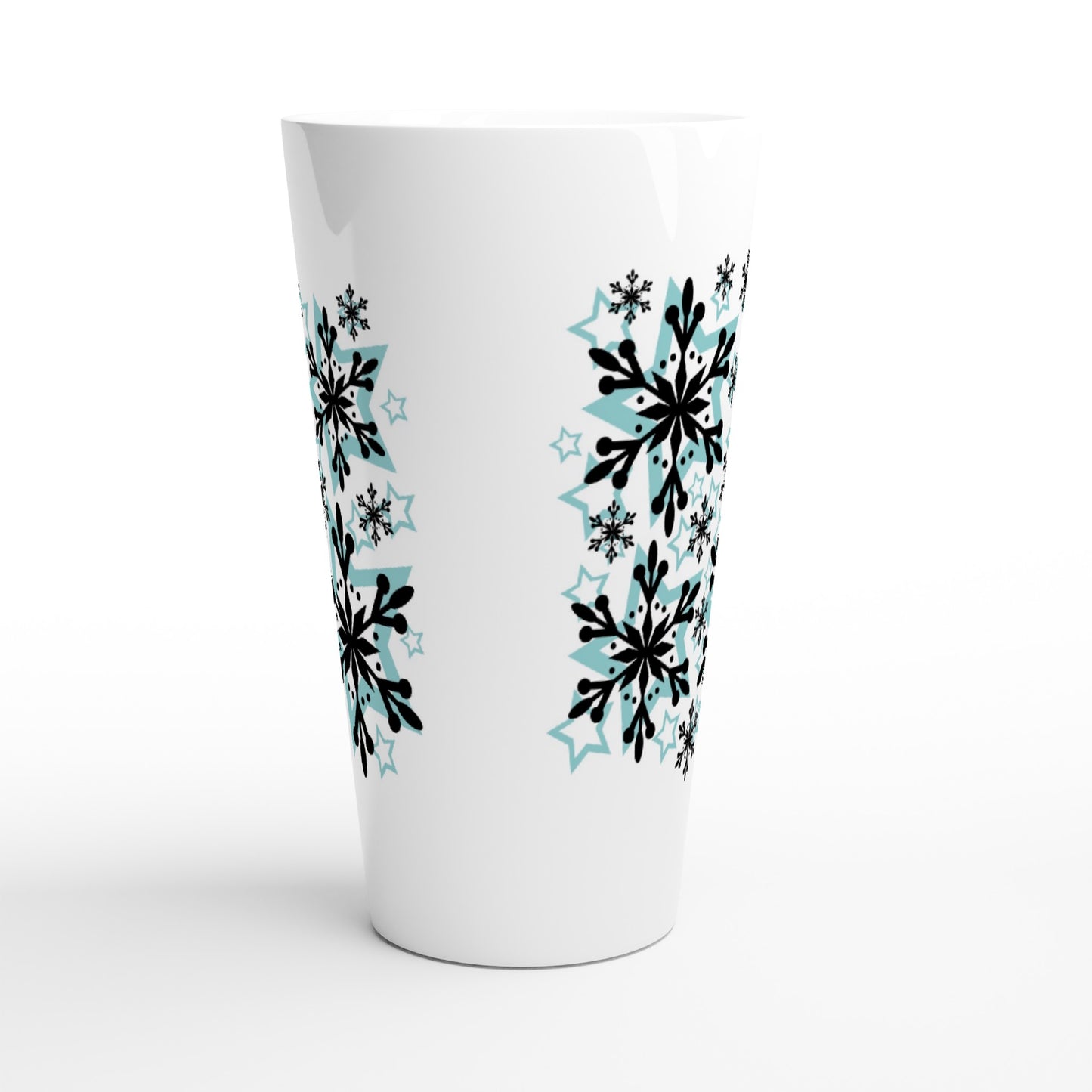 White Latte 17oz Ceramic Mug Snow Crystals and Blue Stars