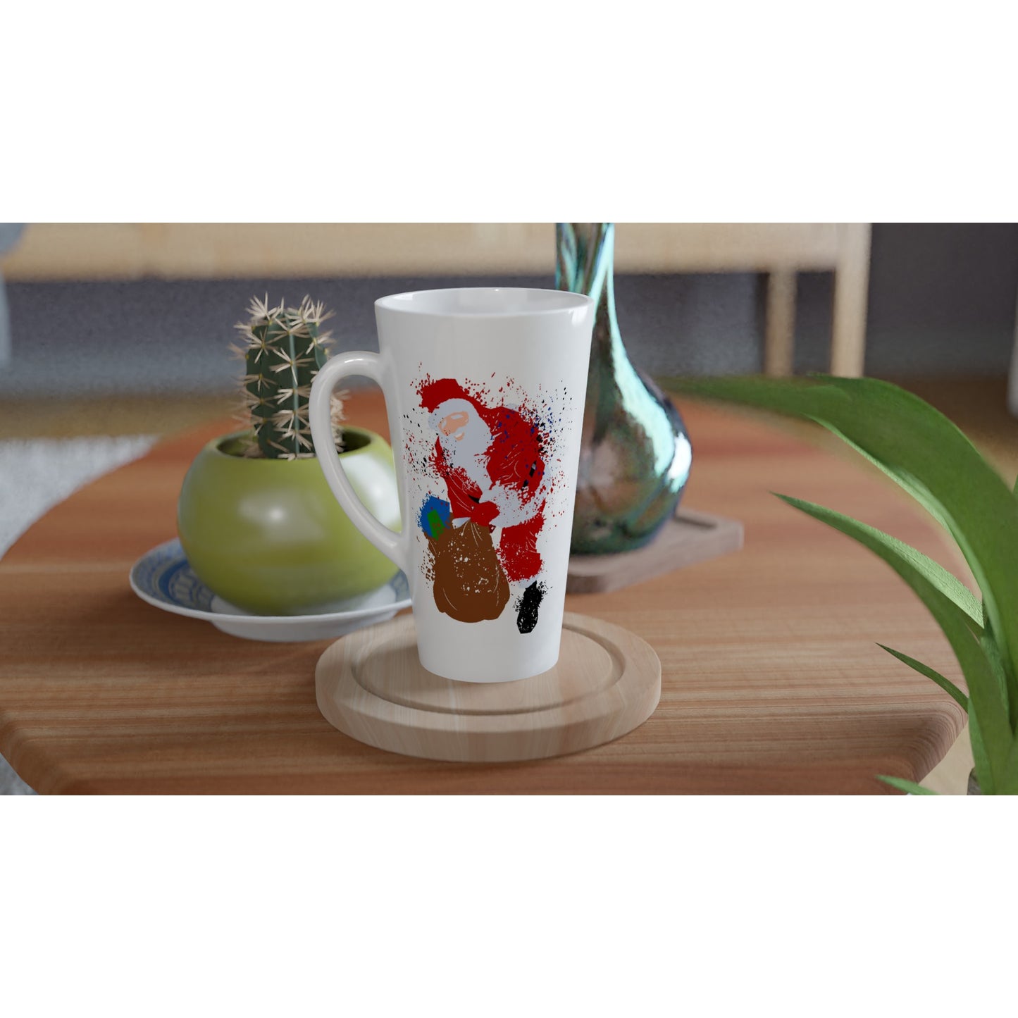 White Latte 17oz Ceramic Mug Santa with Presents-Splattered paint