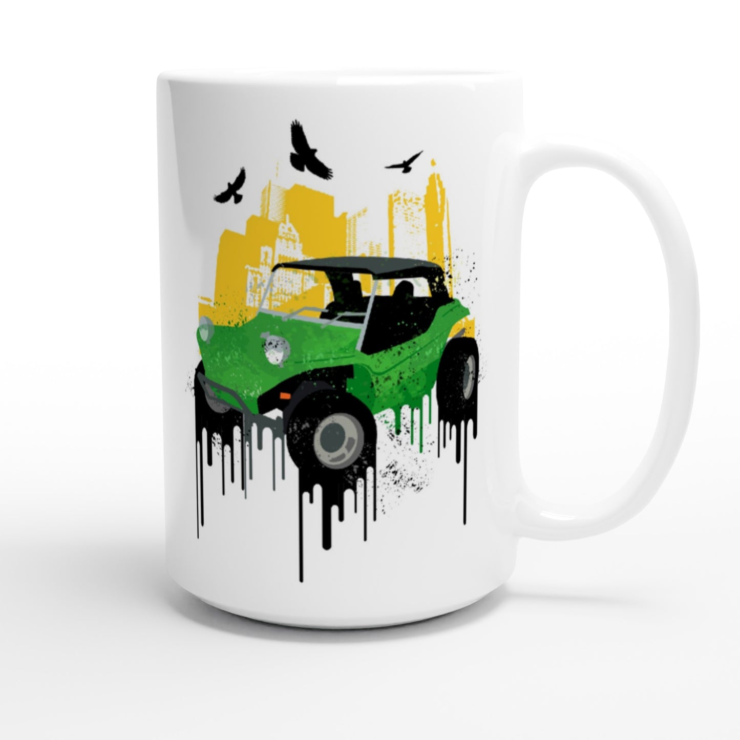 White 15oz Ceramic Mug - Dune Buggy with City Background and Birds. Graphic Paint.