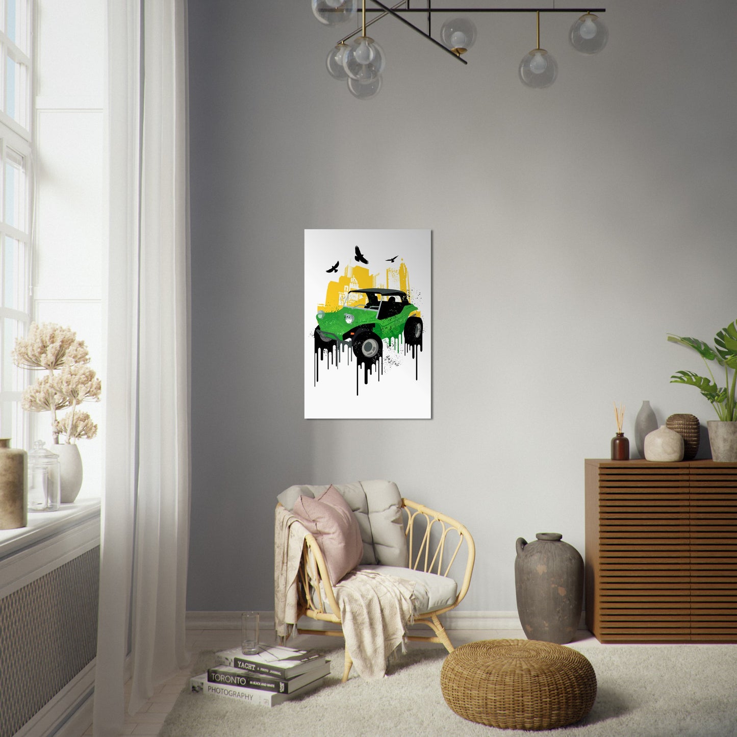 Premium Matte Paper Poster - Dune Buggy with City Background and Birds. Graphic Paint