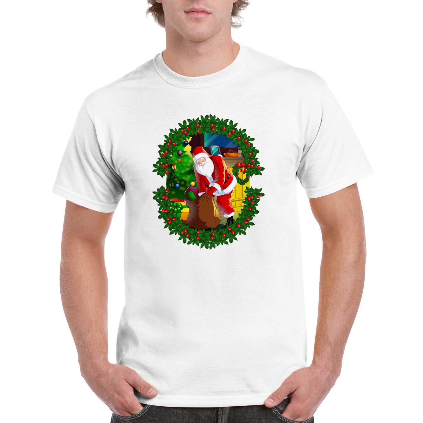 Men's Heavyweight Unisex Crewneck T-shirt Santa-fireplace-Reath