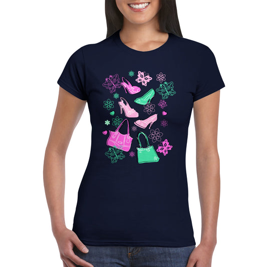 Classic Womens Crewneck T-shirt - Graphic Art of Shoes, Bags, Butterflies and Floral-Pink and Mint Colours