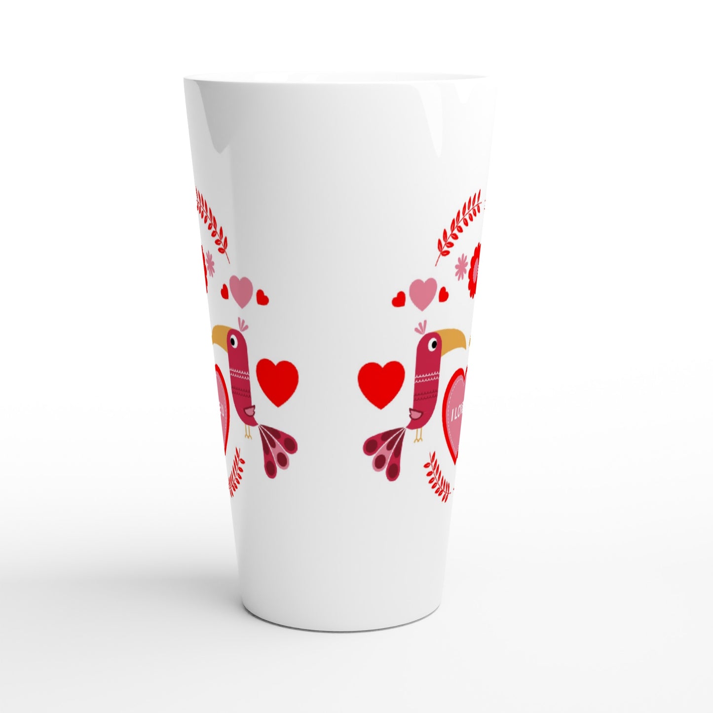 White Latte 17oz Ceramic Mug - Birds Mirrored with Floral-Botanical and Hearts - Valentine