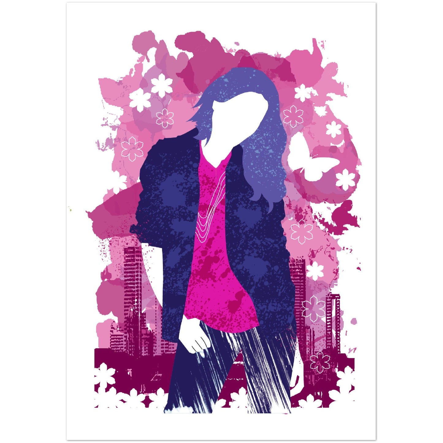 Premium Matte Paper Poster - Girl in Blue Jeans and Pink Shirt with City Skylines - Graphic Wash