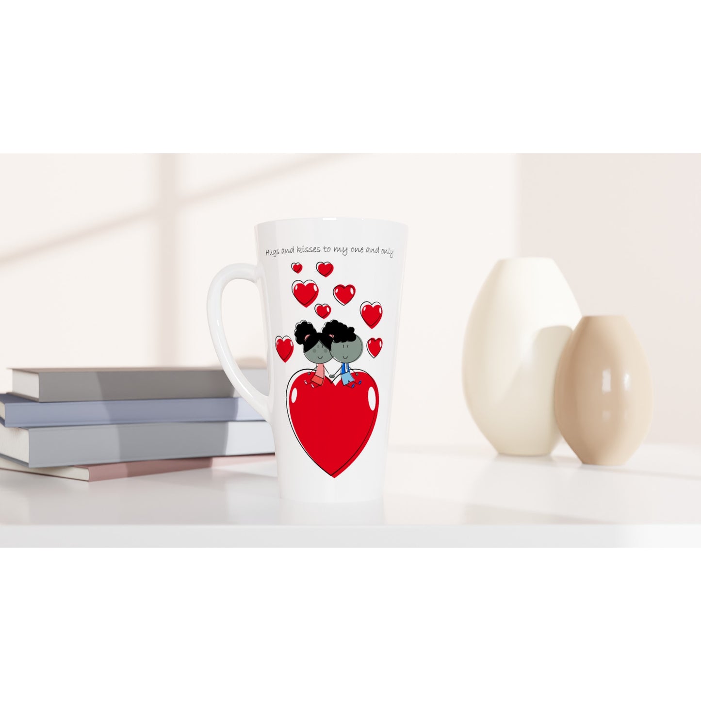 White Latte 17oz Ceramic Mug - Couple sitting and Holding Hands on a Heart - Valentine