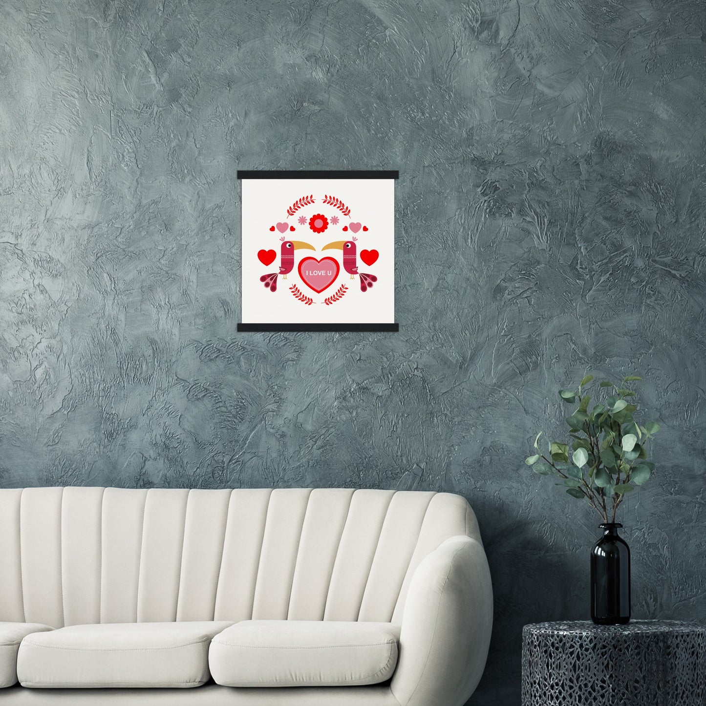 Museum-Quality Matte Paper Poster & Hanger - Birds Morrored with Floral-Botanical and Hearts - Valentine