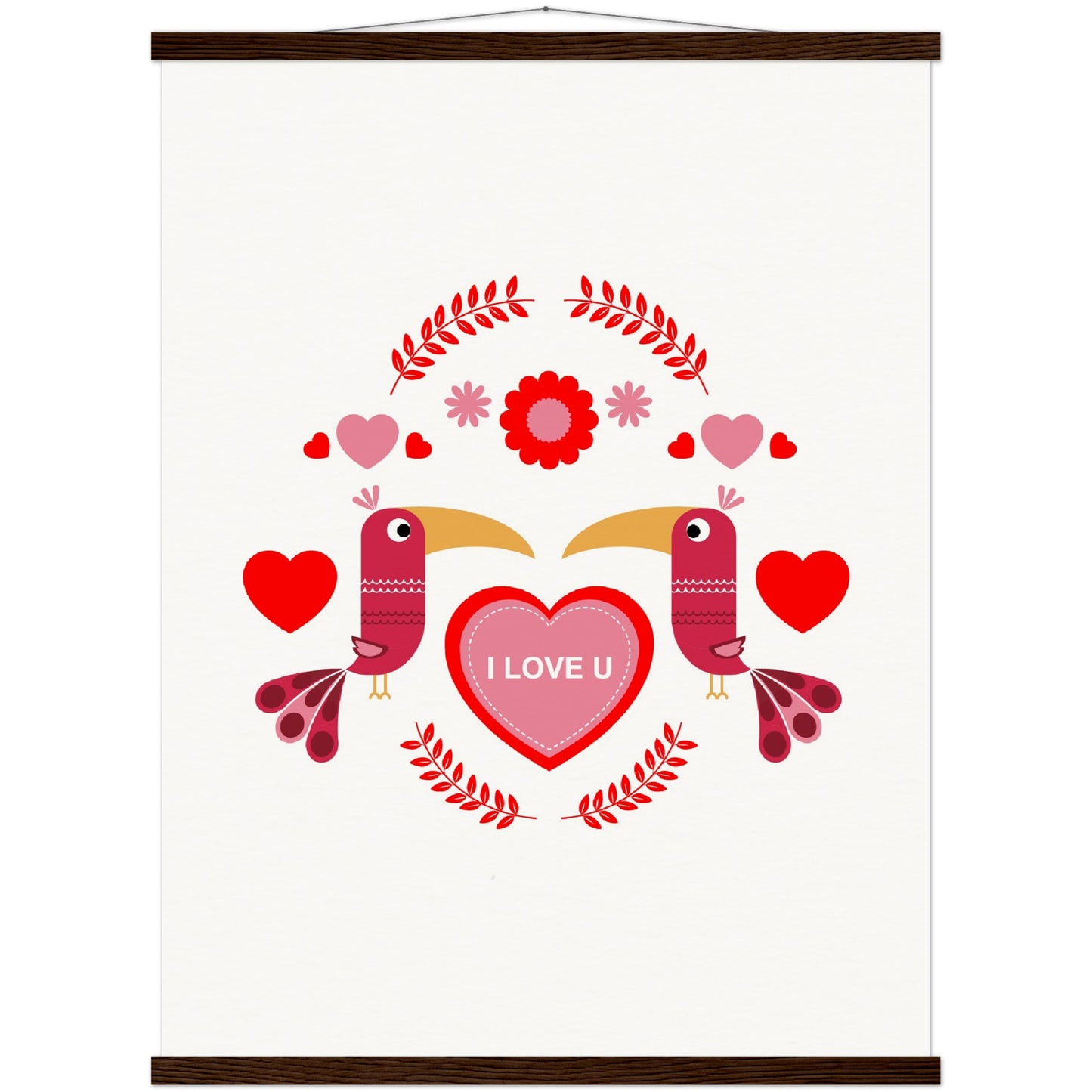 Museum-Quality Matte Paper Poster & Hanger - Birds Morrored with Floral-Botanical and Hearts - Valentine