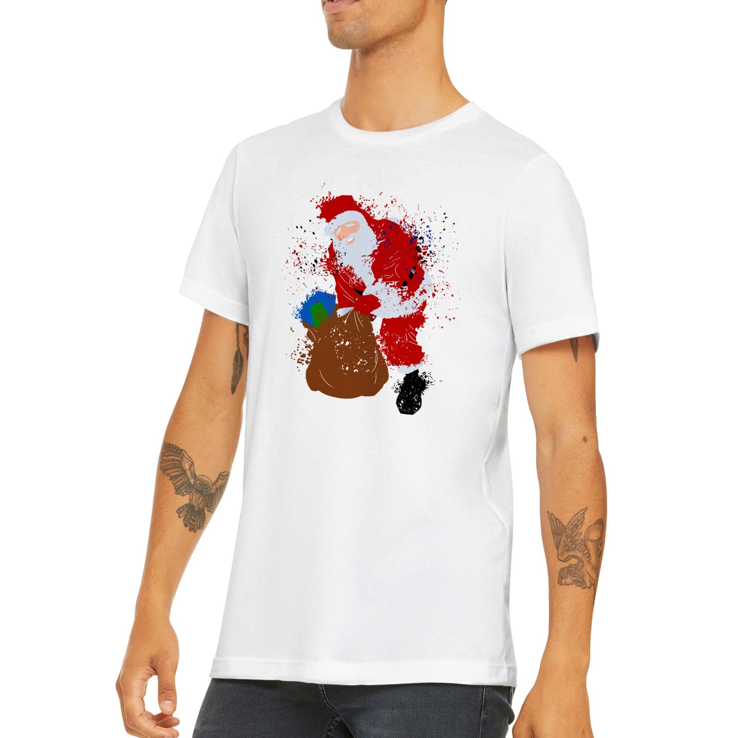 Premium Unisex Crewneck T-shirt Santa with Presents- Splattered paint