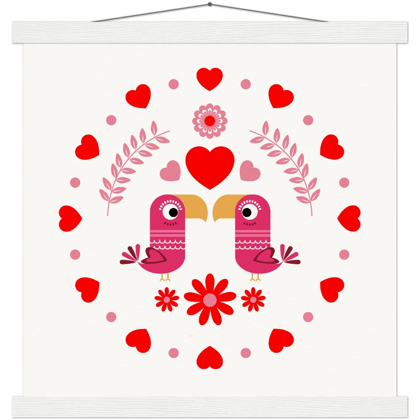 Museum-Quality Matte Paper Poster & Hanger - Birds Mirrored with Floral-Botanical and Circling Hearts - Valentine