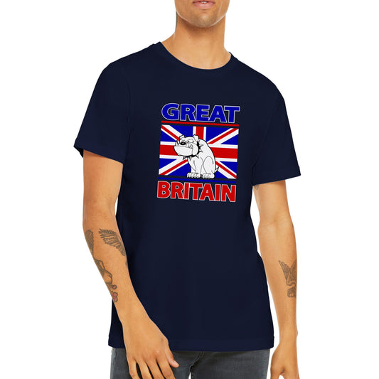 Premium Unisex Crewneck T-shirt - Cartoon Bulldog with Union Jack Flag