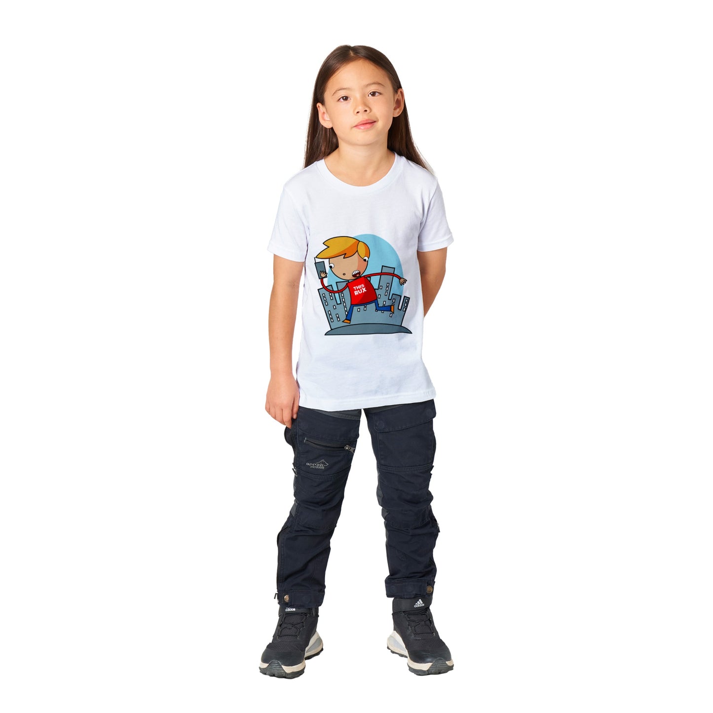 Premium Kids Crewneck T-shirt - Cartoon Of A Kid On A Phone With City Skylines