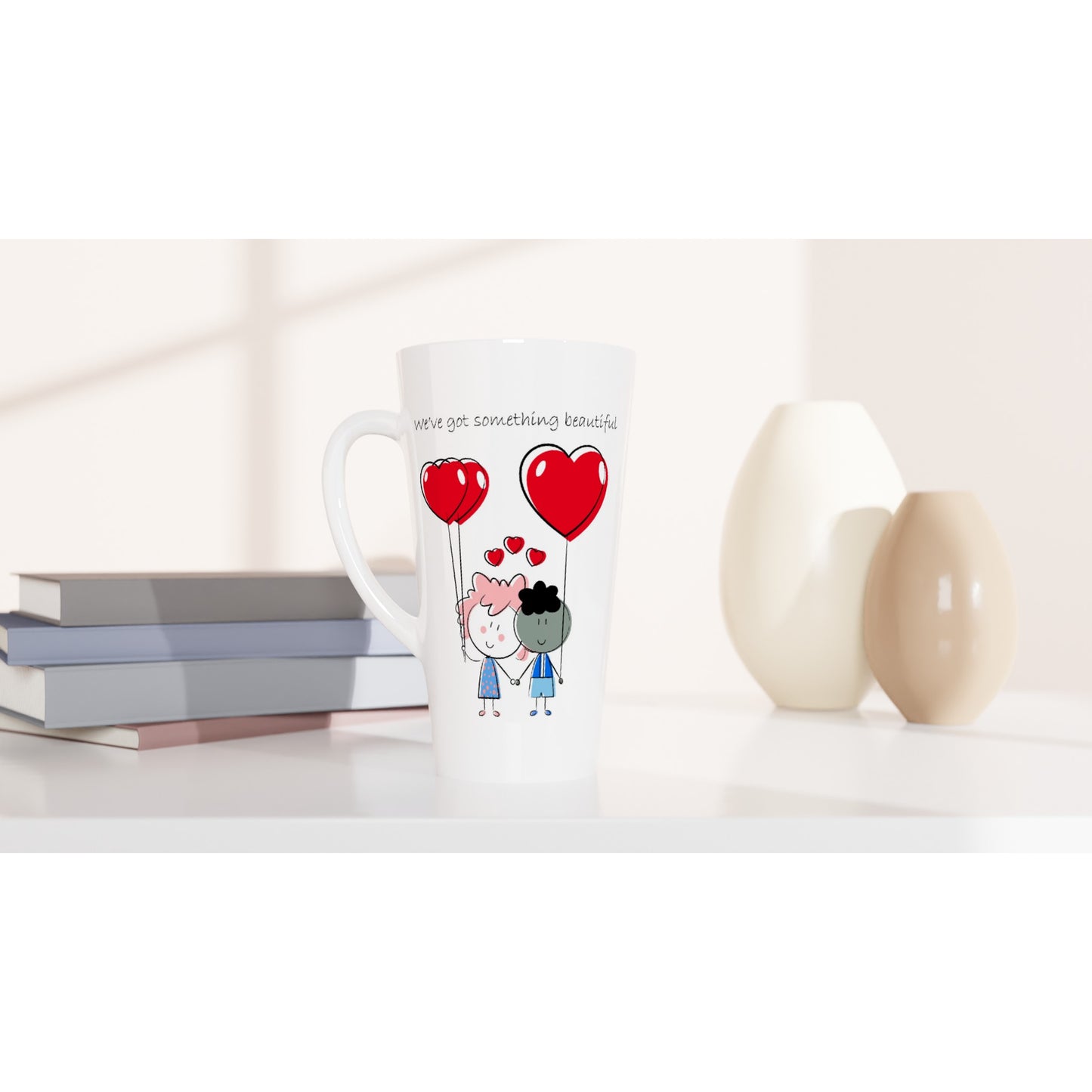 White Latte 17oz Ceramic Mug - White 15oz Ceramic Mug - Couple Holding Heart Shaped Balloons - Valentine