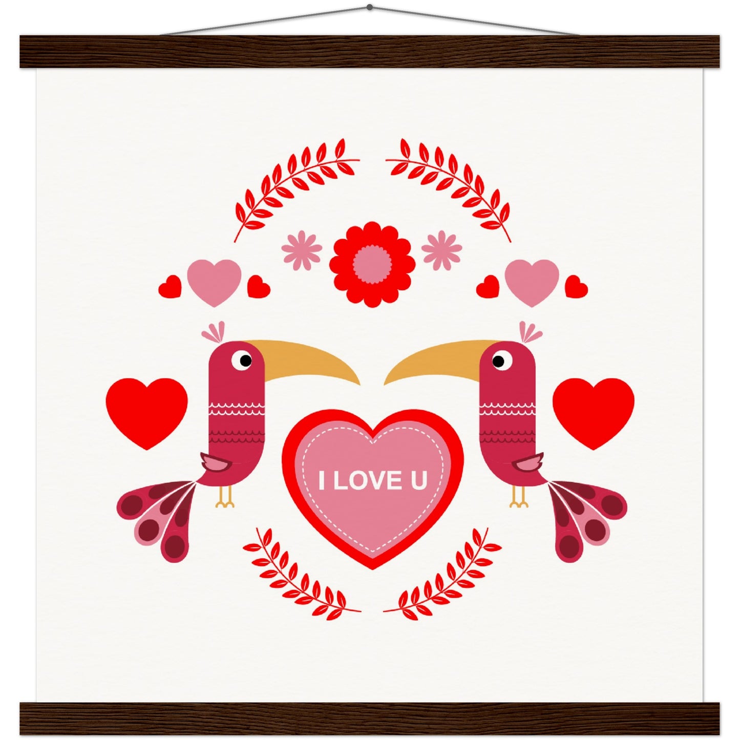 Museum-Quality Matte Paper Poster & Hanger - Birds Morrored with Floral-Botanical and Hearts - Valentine